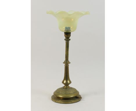 Benson style brass table lamp, with vaseline glass shade tinted with blue opalescence, over a baluster column and reeded circ