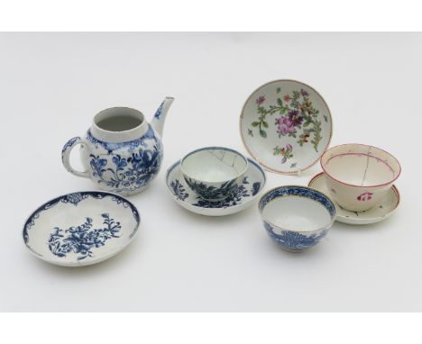 Small selection of English 18th Century porcelain including Worcester Mansfield pattern blue and white teapot; similar patter