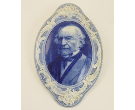 Burgess &amp; Leigh Middleport Pottery Gladstone plaque, moulded and with a blue printed portrait of Gladstone, printed marks