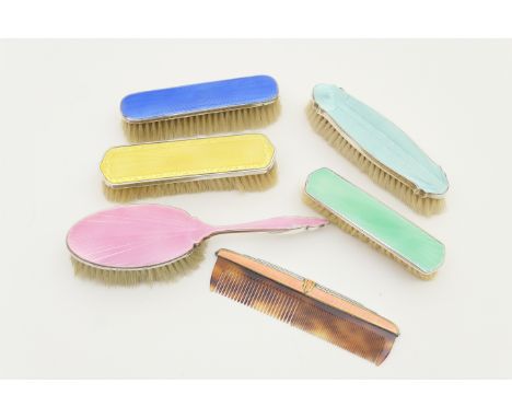 Small selection of guilloche enamelled silver vanity pieces, including pink hairbrush by WJM &amp; Co., Birmingham 1932, 22.5