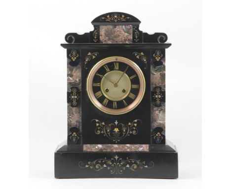 French polished slate and marble mantel clock, circa 1875, architectural case embellished with gilt and silvered floral sprig