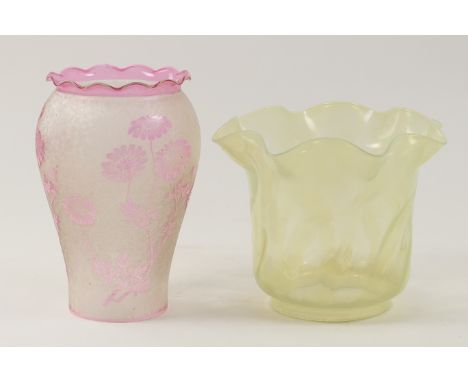 Edwardian vaseline glass oil lamp shade, slightly wrythen moulded and tinted with green opalescence, 16cm; also a further Edw