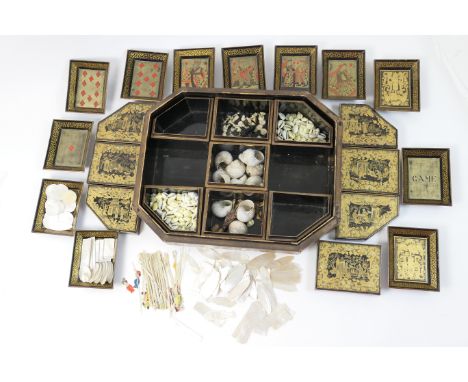 Chinese gilt lacquered compendium box, 19th Century, canted rectangular form containing seven comparted boxes and eight gamin