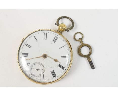 Victorian 18ct gold open faced pocket watch, Chester 1863, white enamelled dial with Roman numerals and subsidiary seconds, k