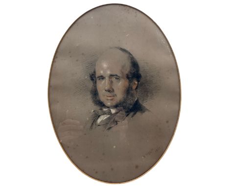 William Huggins (British 1820-1884): Portrait of a Victorian gentleman, mixed media oval portrait on buff paper signed and da