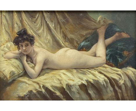 M Hernandez (French School 20th century): Nude Portrait of a Reclining Rococo Woman, oil on board signed 18cm x 27cm