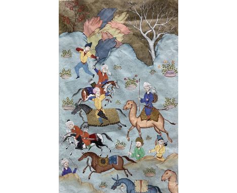 Persian School (19th Century): Battle Scene with Horses and Camels, illuminated manuscript with text verso 35cm x 21cm
