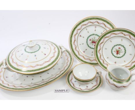 Extensive early 20th century Limoges porcelain dinner / tea / coffee service with Empire-style floral sprig and green and gil