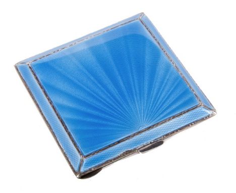 1940s silver and blue guilloche enamel powder compact of square form, with hinged cover and engine-turned base (Chester 1947)