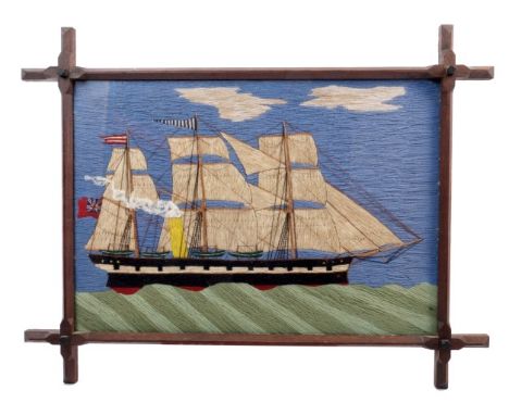 19th century woolwork ship portrait depicting a three masted steam ship of The Royal Navy, 33cm x 49cm in glazed oak frame 