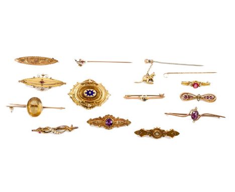 Collection of fourteen Victorian and Edwardian brooches and stick pins - to include a Victorian ruby and diamond three stone 