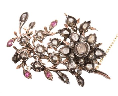 Late 18th / early 19th century diamond and ruby floral spray brooch with twenty-nine rose cut diamonds to the flower-head and