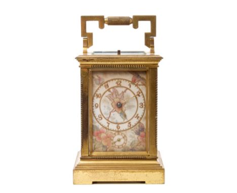 Good quality late 19th century French carriage clock with repeating and alarm movement, with floral painted porcelain dial an