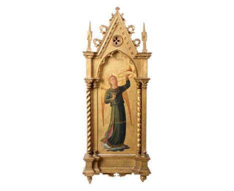 19th century Italian carved and painted giltwood devotional wall hanging niche of architectural form, the pierced arch centre