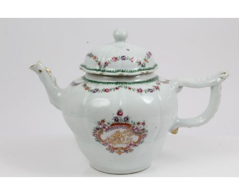 Mid-18th century Chinese export monogrammed teapot and domed cover with polychrome painted swags and rococo cartouche with gi