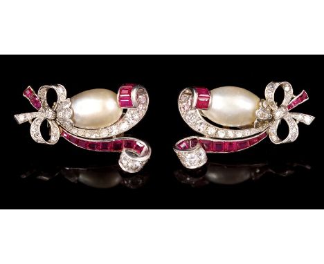 Fine pair of 1940s natural pearl, diamond and ruby ear clips, each with a natural saltwater pearl measuring 9.4mm - 9.5mm and