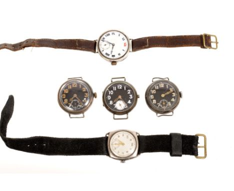 Three First World War Officers' watches with black dials, another with white dial and 1930s cushion-shaped wristwatch (5)