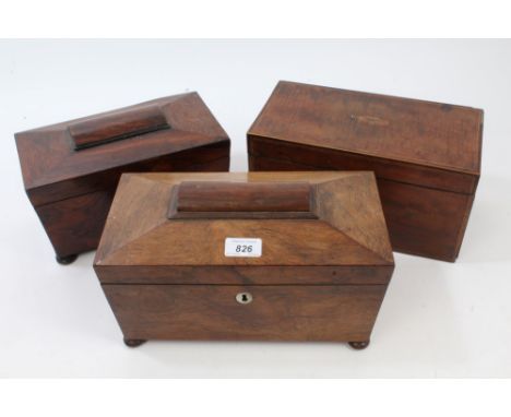 Late Regency rosewood tea caddy of sarcophagus form, on squat bun feet, enclosing a fitted interior of twin-lidded removable 