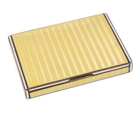 Early 20th century silver and yellow guilloche and white enamel cigarette case of rectangular form, with engine-turned base, 