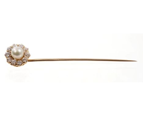 Late Victorian pearl and diamond stick pin, the flower-head cluster centred with a pearl measuring 5.4mm diameter (not tested