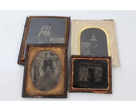 19th century ambrotype portrait of a farm labourer in card frame with gilt metal mount, together with another of a post offic