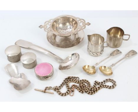 Collection of contemporary silver - including tea strainer and stand, two cream jugs, caddy spoon, ladle and two pill boxes w