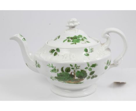 Early 19th century Ridgway teapot and cover with moulded scrollwork and floral knop with green floral decoration - pattern 18