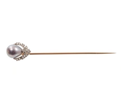 Edwardian diamond and grey pearl stick pin, the pear-shape grey pearl (not tested for natural origin) measuring 7.9mm x 9.1mm