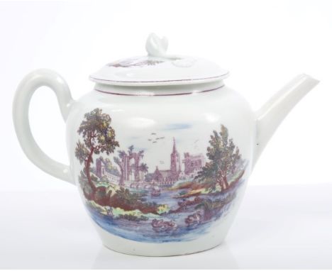 18th century Worcester teapot and cover with Hancock printed and painted with 'Sutton Hall' and 'Two Bridges' pattern, circa 