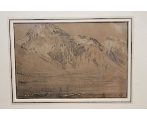Albert Goodwin (1845 - 1932), pencil study - Vitznau, Lake Lucerne, within ink border, monogrammed and inscribed, in glazed g