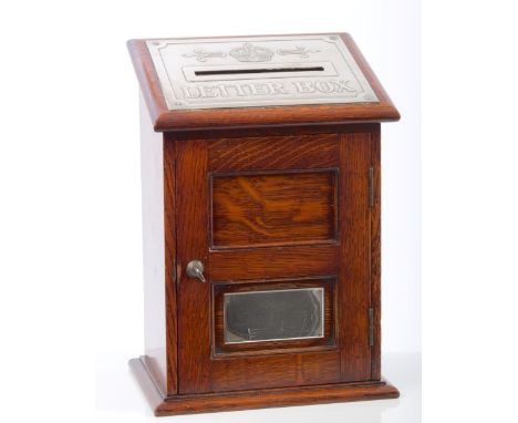 Good early 20th century oak desk letter box, hinged sloping cover with letter slot and embossed metal plaque emblazoned - Let