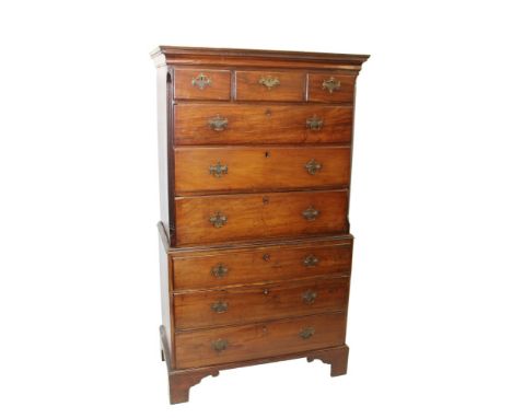 George III mahogany chest on chest with dentil moulded cornice and three short drawers over six graduated drawers, on bracket