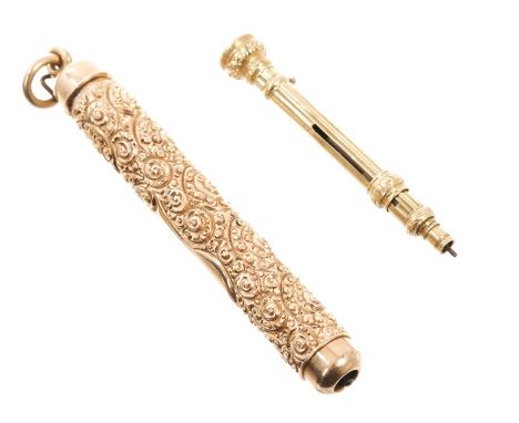 Late 19th century American yellow metal propelling pencil, marked - '14k', plus Victorian yellow metal propelling pencil by S