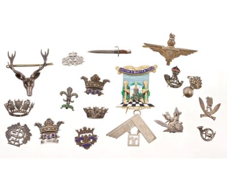 Collection of First World War and later military sweetheart and other military related badges and Masonic silver gilt and ena