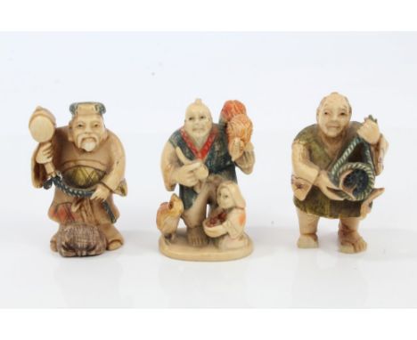 Three late 19th century Japanese carved ivory and polychrome painted netsuke figures, 5cm high