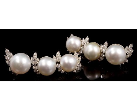 Pair of cultured pearl and diamond ear pendants, each designed as three button pearls, measuring from approximately 12.7mm to