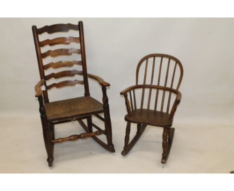 19th century rush seated ash ladder back rocking chair, together with an ash and elm rocking chair (2)