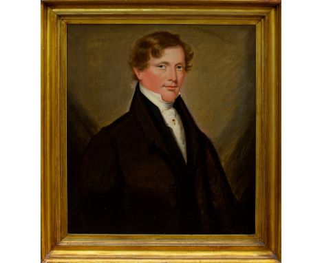 Early Victorian English School oil on canvas - portrait of a gentleman in brown coat, in gilt frame, 64cm x 57cm CONDITION RE