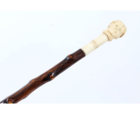 Early 19th century sword stick with carved ivory and bone Turks head pommel, blued and gilt triangular-form blade in briar wo