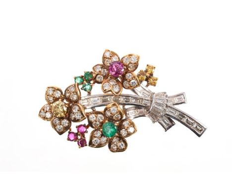 Good quality 1960s diamond and multi-gem floral spray brooch, the three flowers centred with a yellow sapphire, ruby and emer