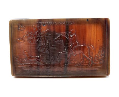 18th century French pressed horn snuff box, the hinged cover titled - 'Chasseur à l'affut', moulded with huntsman and dog in 