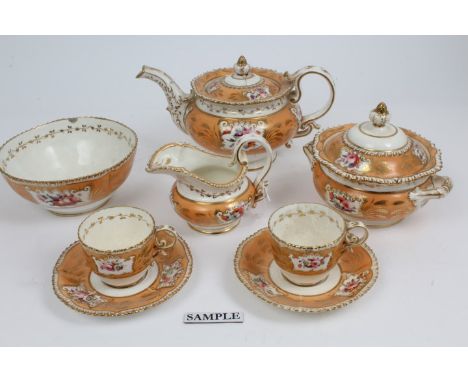 Early 19th century English tea set with painted floral sprays on gilt and coral-coloured ground and white and gilt borders - 