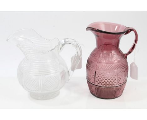 George IV cut glass helmet-shaped jug with diamond and slice cut decoration, 8cm and George IV moulded amethyst glass jug, 19