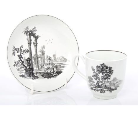 18th century Worcester black printed coffee cup and saucer decorated with classical ruins