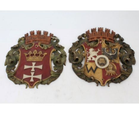 Pair 19th century Continental carved wood and gesso coat of arms - with polychrome painted decoration and castle coronets, 26