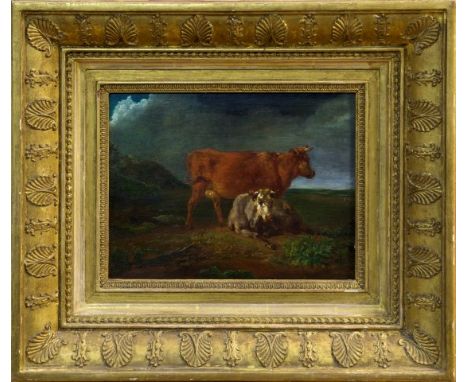 Follower of Jacob Van Stry, early 19th century Dutch School oil on oak panel - cattle in extensive landscape, in gilt frame, 