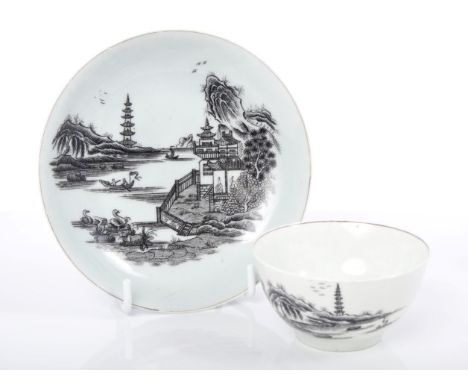 Rare 18th century Worcester black printed tea bowl and saucer - Black Swan tureen pattern CONDITION REPORT Teabowl good order