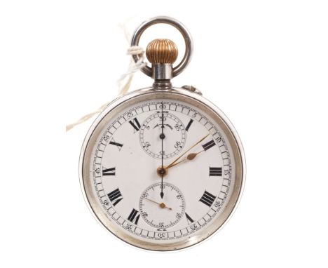Good quality late 19th century Swiss Chronograph pocket watch with two subsidiary dials, gold hands and centre seconds, stem 