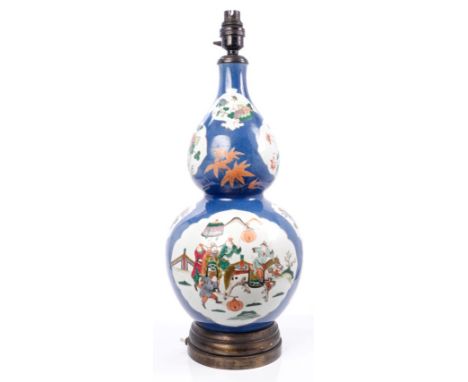 Late 19th century Chinese famille verte double gourd-shaped vase converted to a table lamp, with painted figure, floral and i