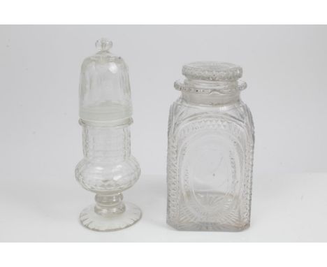 Scarce George III cut glass sugar caster with screw-on glass top on knopped stem and splayed foot, 18.5cm high and George IV 